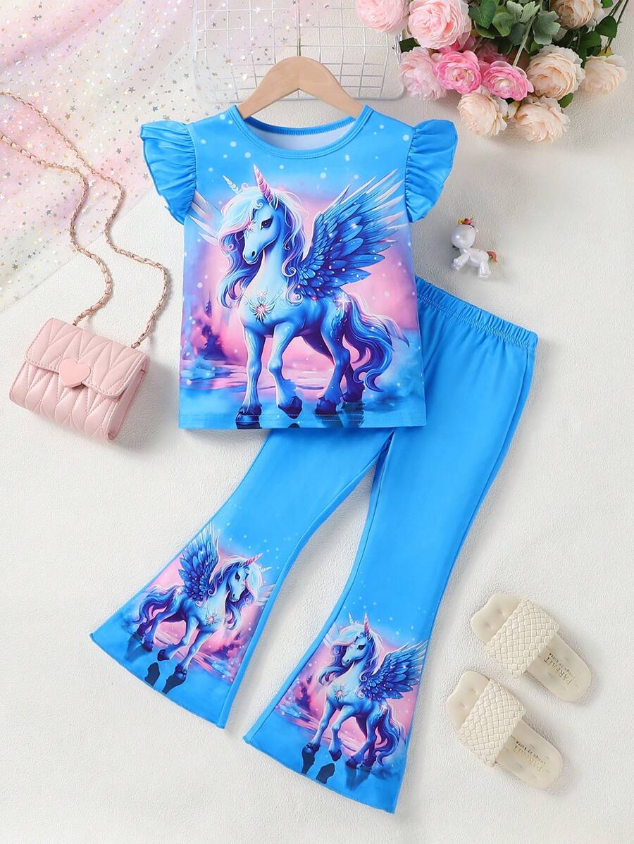 Conjunto de 2 piezas para niña joven: top de manga corta con estampado de unicornio casual + pantalones acampanados - Azul - Ver 1