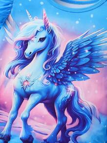 Conjunto de 2 piezas para niña joven: top de manga corta con estampado de unicornio casual + pantalones acampanados - Azul - Ver 4