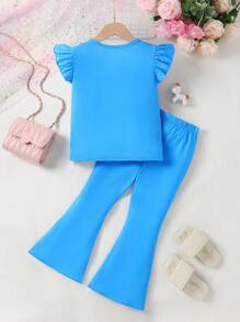 Conjunto de 2 piezas para niña joven: top de manga corta con estampado de unicornio casual + pantalones acampanados - Azul - Ver 2