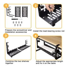 1 pieza Bandeja para gestión de cables debajo del escritorio, organizador extensible y resistente de acero para cables debajo del escritorio, soporte metálico para regleta de enchufes,Bandeja de malla de metal para cables de escritorio sin perforación, con instalación de clips, organizador de cables de ranuras con organizador de cables de escritorio y debajo del escritorio, ajustable, adecuado para escritorio de oficina en casa y de pie - Negro - Ver 5