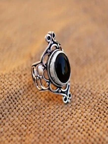 1pc Vintage High-End Black Sapphire Hollow Design Women's Fashion Ring, Perfect For Engagement, Wedding Anniversary And Birthday Gift, Party, Evening - Silver - View 3