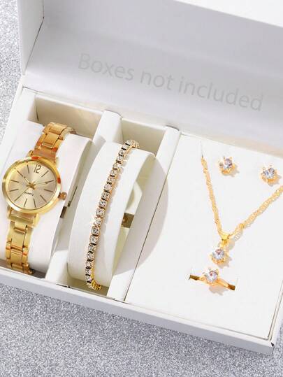 Girl's Stainless Steel Strap Fashionable Quartz Watch With Simple Dial + Jewelry Set (6pcs)