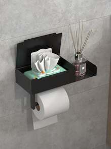 1pc Bathroom Toilet Paper Holder With Shelf, Mobile Phone Storage Rack, Wall-Mounted Tissue Dispenser, Modern Design, Suitable For Home Or Hotel Use, Bathroom Accessory