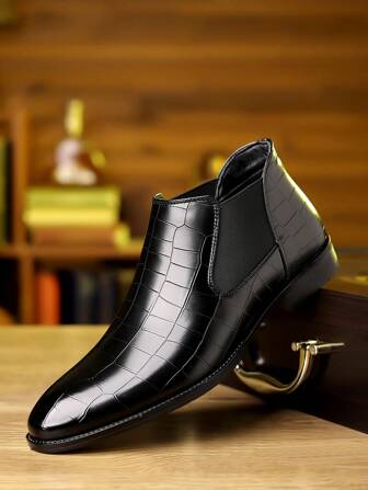 1pair Men New British Style Pointed Toe Crocodile Pattern Casual Chelsea Boots, Fashionable All-Match  Boots