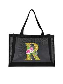 Mesh Beach Bag Tote Bag ,Floral Pattern Beach Bag,Foldable Swim Large Capacity Beach Tote Bag With Zipper Pockets Waterproof Sandproof,Letter Decor Mesh Beach Tote Women Shoulder Handbag,Large Capacity Bag For Women, For Summer Outdoor Beach Vacation Storage And Shopping For Women College Students Work,Outdoors, Travel, Outings,Holiday,Teacher's Day,Gifts For Women, Teacher's Day Gift, Beach Tote Bag For Women, Girl's Weekend Tote Handbag, Mother's Day Gifts,Birthday Gifts,Holiday Gifts - Black - View 13