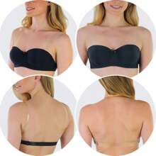 Women's Padded V-Neck Convertible Strap Push Up Bras - Clear Convertible Straps - Black - View 3