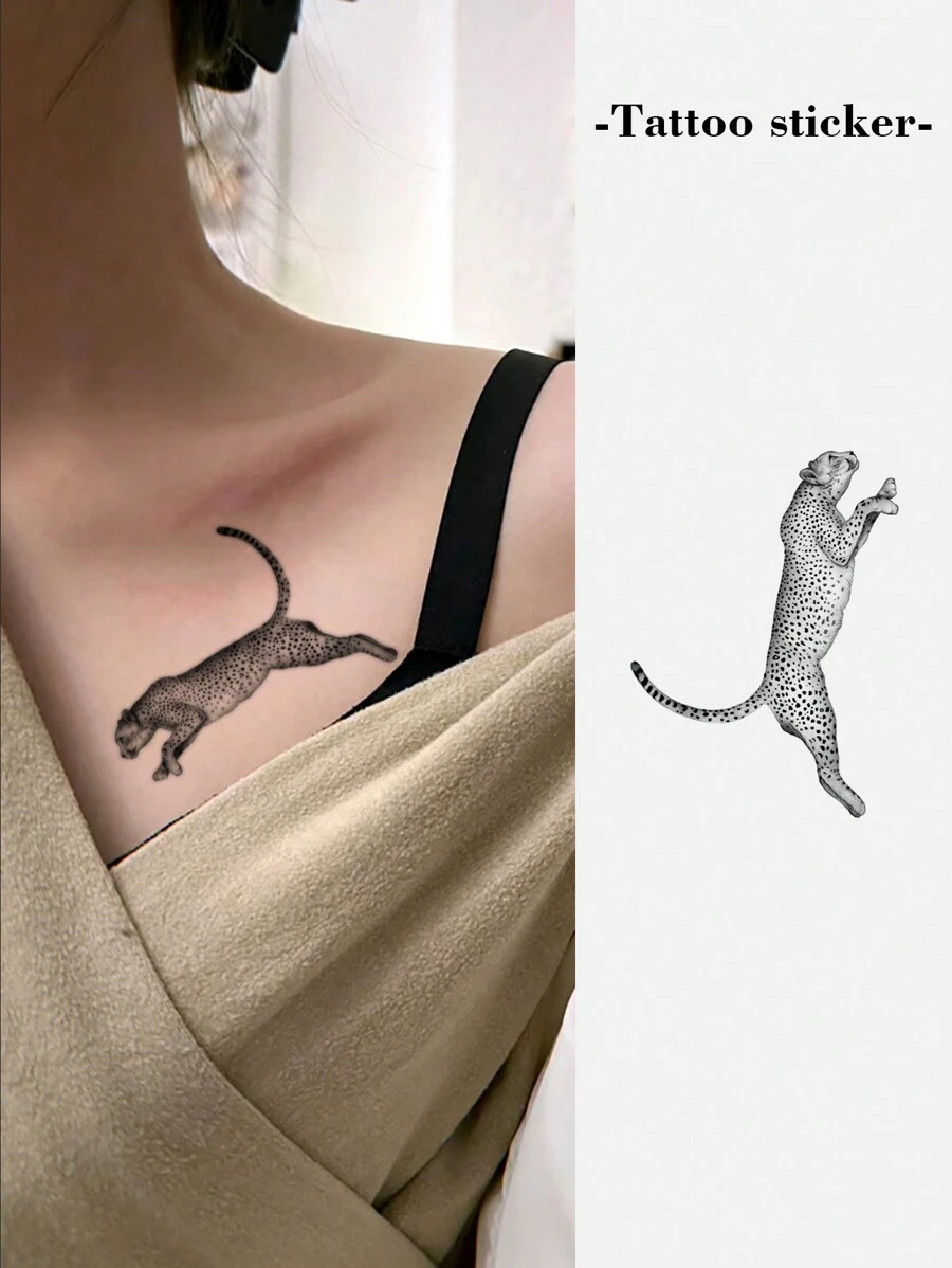 1入組防水、耐汗臨時豹紋刺青貼紙，男女皆宜，一次性使用 - 黑色 - 查看 1