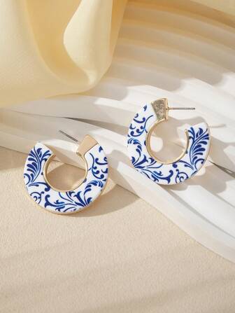 1 par europeiskt och amerikanskt mode blåvitt porslinstryckt metallörhängen, unika modetillbehör