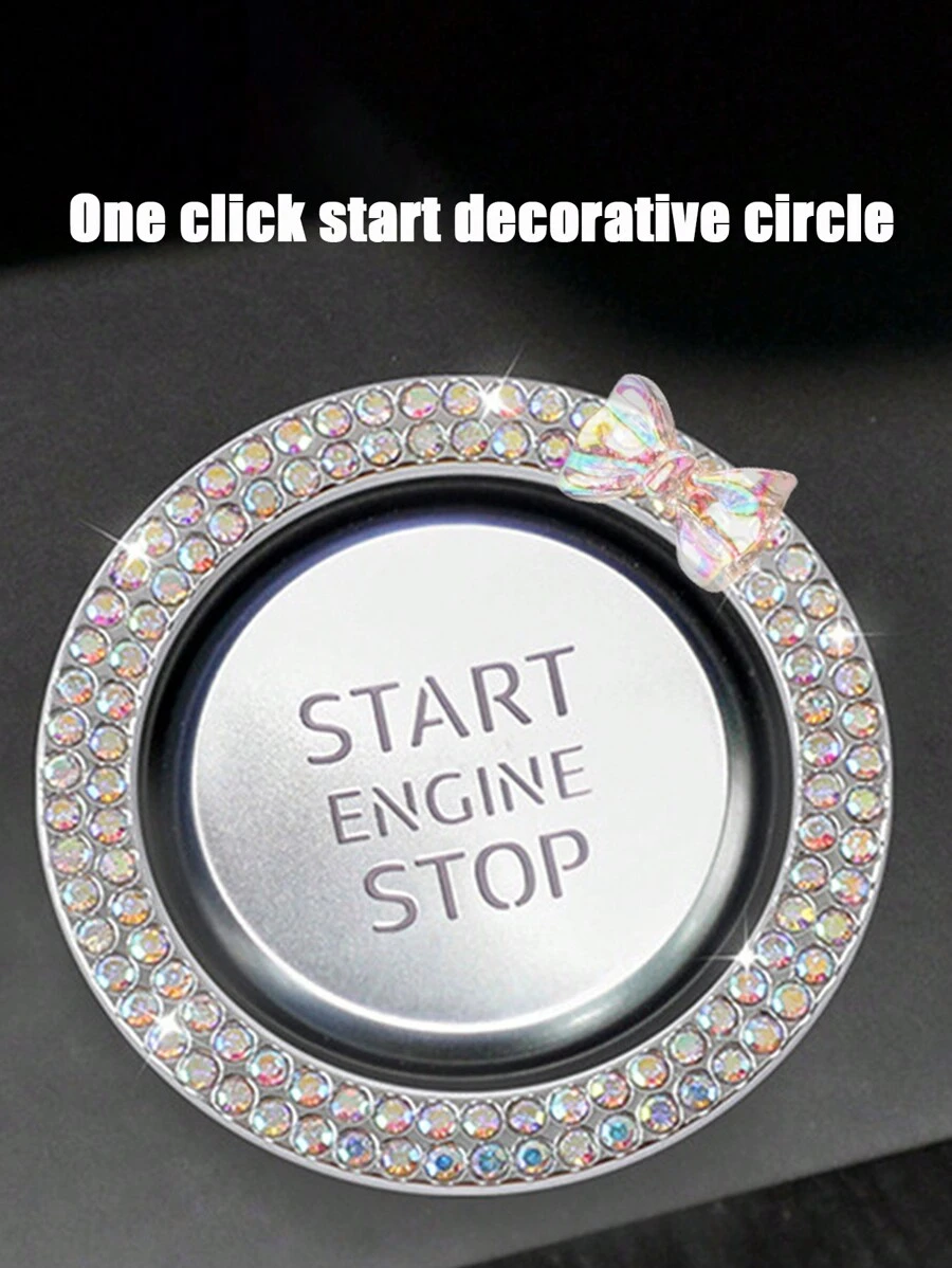 1pc One Click Start Decorative Ring Car Double Row Bow Crystal Ignition Ring Ignition Switch Button Decoration Car Interior Decoration - Multicolor - View 1