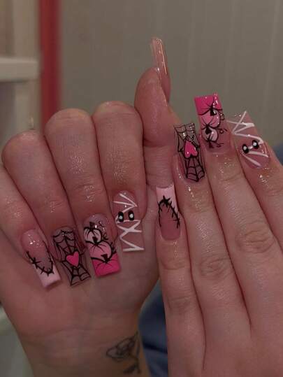 تحديث مظهرك - طقم أظافر أوروبي الطراز 24 قطعة باللون الوردي بتصميم قلب فرنسي، اليقطين، شبكة العنكبوت لعيد الهالوين للنساء والفتيات، أظافر مضغوطة ولوازم الأظافر