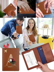 1件個性化姓名護照套，PU護照封套保護器，銀行商務卡片盒組織者，防護皮革便攜文件儲存器，超薄ID卡錢包袋，防射頻識別個性化自制金色花卉字母，防水機票夾，摺疊多功能旅行必備，商務辦公戶外黃金飛機印花圖案 - 棕色 - 查看 3