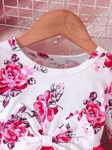 Đầm tay lỡ in họa tiết hoa cho bé gái, trang trí nơ lưới, mùa xuân thu - Màu Hồng Tươi - Xem 3