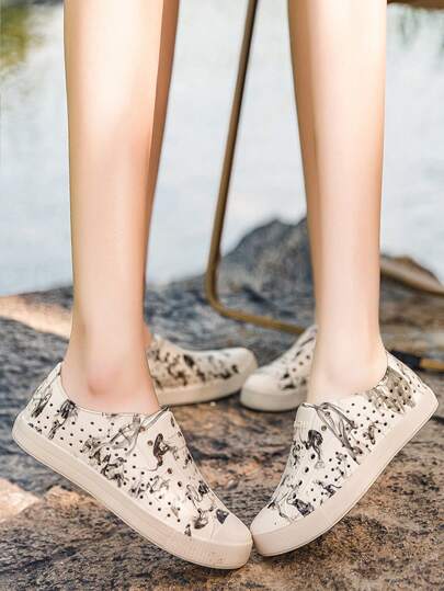 Women's Printed Hollow Breathable Casual Sandals, Comfortable Versatile Holiday Beach Shoes, Fashionable For Rainy And Sunny Days, Couples Style, Multiple Options