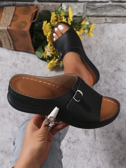 Women's Summer Wedge Slippers, Fashionable Solid-Color Open-Toe Breathable Sandals, Outdoor Beach Shoes