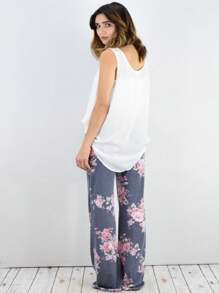 Boho Retro 90's Style Stripe Floral Drawstring Fold Over Band Wide Leg Lounge Pants - Dusty Blue - View 2