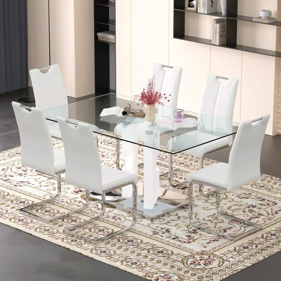 Juego de mesa de comedor de vidrio de 63" para 6 personas, muebles - Mesa Blanca y 6 Sillas Blancas - Ver 1
