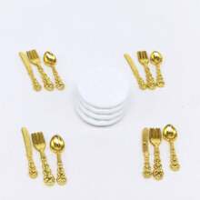 Conjunto de 16 piezas de utensilios de cocina en miniatura para decoración, que incluye Mini platos y cubiertos de estilo occidental - Plateado - Ver 9
