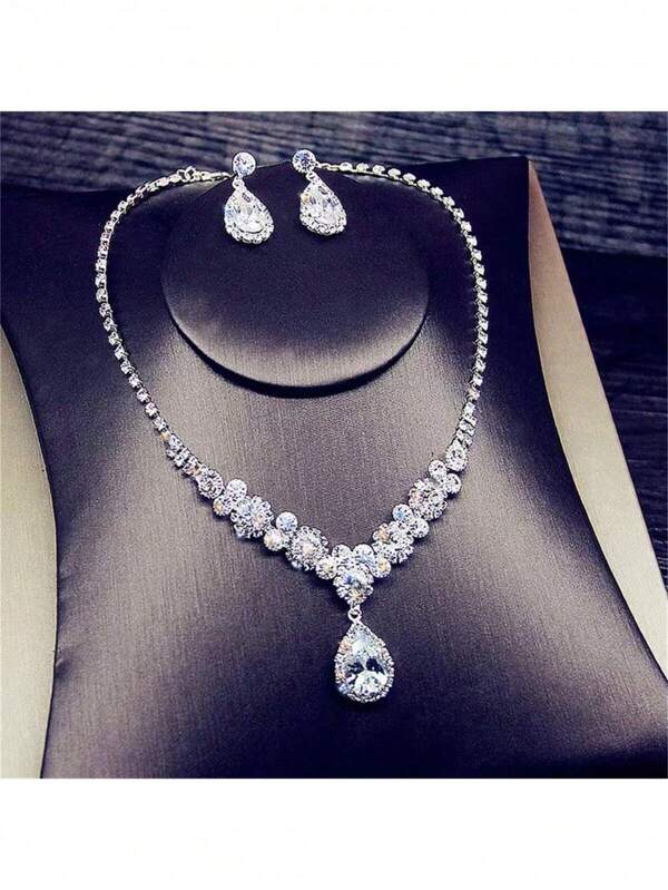 2 Stücke (Halskette + Ohrringe) Frauen Hochzeit Halskette Ohrringe Set, Braut Hochzeitskleid Halskette, Party Schmuck Accessoires