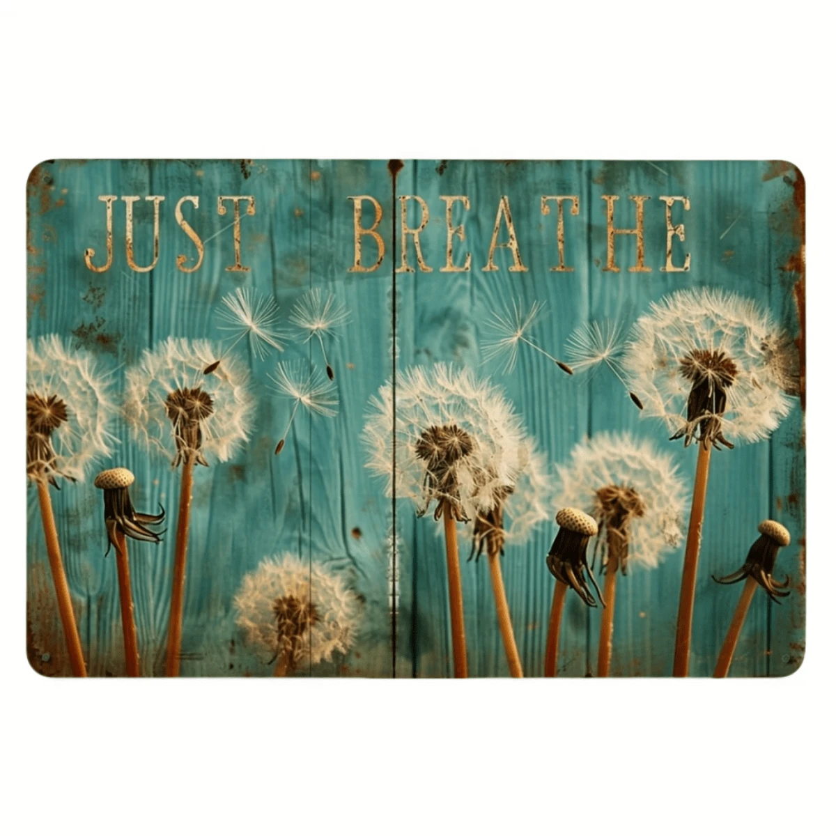 1件复古蒲公英金属锡牌，“Just Breathe”（深呼吸）铁箔雕刻墙饰，悬挂式装饰牌，适用于室内/室外、家居、房间、餐厅、酒吧、咖啡馆、门、车库 - 12英寸 x 8英寸，随机孔型 - 彩色 - 查看 1