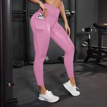 Women's Lycra Sports LEGGINS For Gym With Side Mobile Bags Super Elastic Sport Fashion - 粉色 - 查看 2