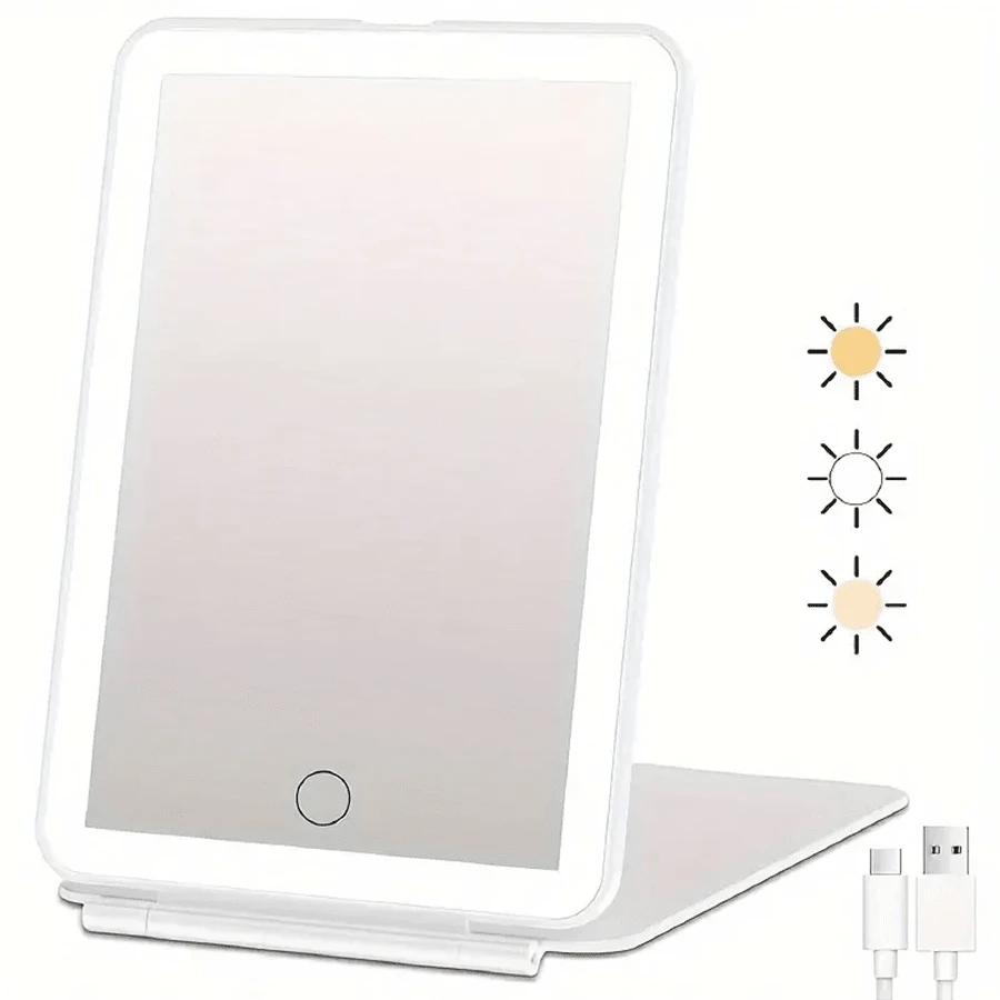 可USB充電LED旅行化妝鏡，具有3種照明模式，拋光表面，可折疊便攜式梳妝鏡，適用於玻璃，具有可充電鋰電池，無味