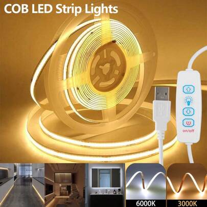 LED Strip Light 5V COB White Light, Warm Light USB LED Strip, 1M-5M (3.28FT-16.4FT), With 3 Keys Button Switch Brightness Adjustable, Long-Lasting, Low Voltage LED Strip For Bedroom, Closet, Study, Corridor, Staircase