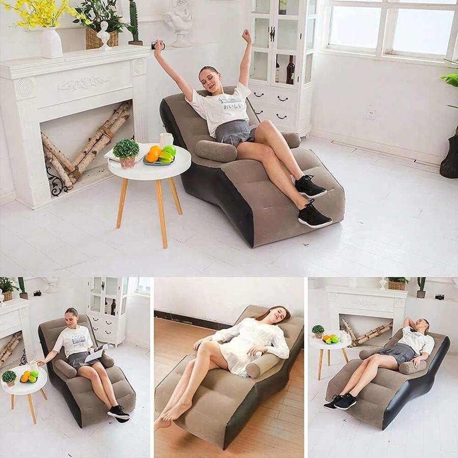 1pc Slouchy Inflatable S-Shape Thick Sofa, Portable Relaxing Lounge Chair For Single Person, Comfortable For Balcony, Bedroom, Living Room - Coffee Brown - View 1