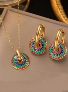 1pc European And American Retro Painted Chrysanthemum Pattern Stainless Steel Retro Jewelry Set For Women, Including Necklace - Necklace + Earrings Set - View 1