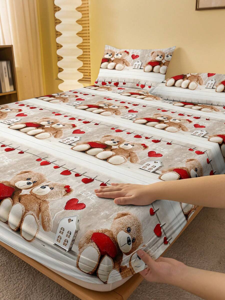 1入組卡通熊印花刷毛床單，適用於夫妻，印花床巾，寢具（枕套不包括） - 彩色 - 查看 1