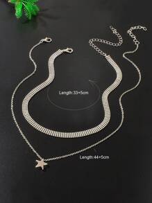 Conjunto de 2 peças de colar com pingente de estrela e corrente de contas de prata minimalistas para mulheres, conjunto de joias para escritório diário