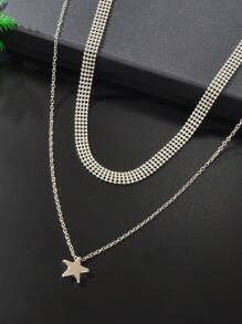 Conjunto de 2 peças de colar com pingente de estrela e corrente de contas de prata minimalistas para mulheres, conjunto de joias para escritório diário