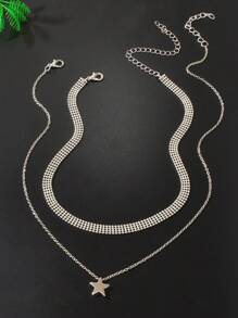 Conjunto de 2 peças de colar com pingente de estrela e corrente de contas de prata minimalistas para mulheres, conjunto de joias para escritório diário