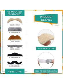48pcs-4 Colors Short Plush Mustache, 10 Different Style Fake Mustache, Halloween Prop Self-Adhesive Sticker Fake Beard, Novelty False Beard Sticker Set For Masquerade, School Shows, Halloween Party, Costume Party, Beige - Multicolor - View 6