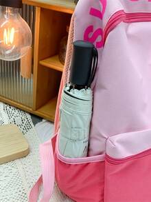 1Pc Học Sinh Trung Học Cơ Sở/Trung Học Ba Lô Màu Khối Có Dây Kéo, Bốn Mùa Sử Dụng Hàng Ngày, Túi Sách Nữ Thời Trang - Hồng - Xem 3