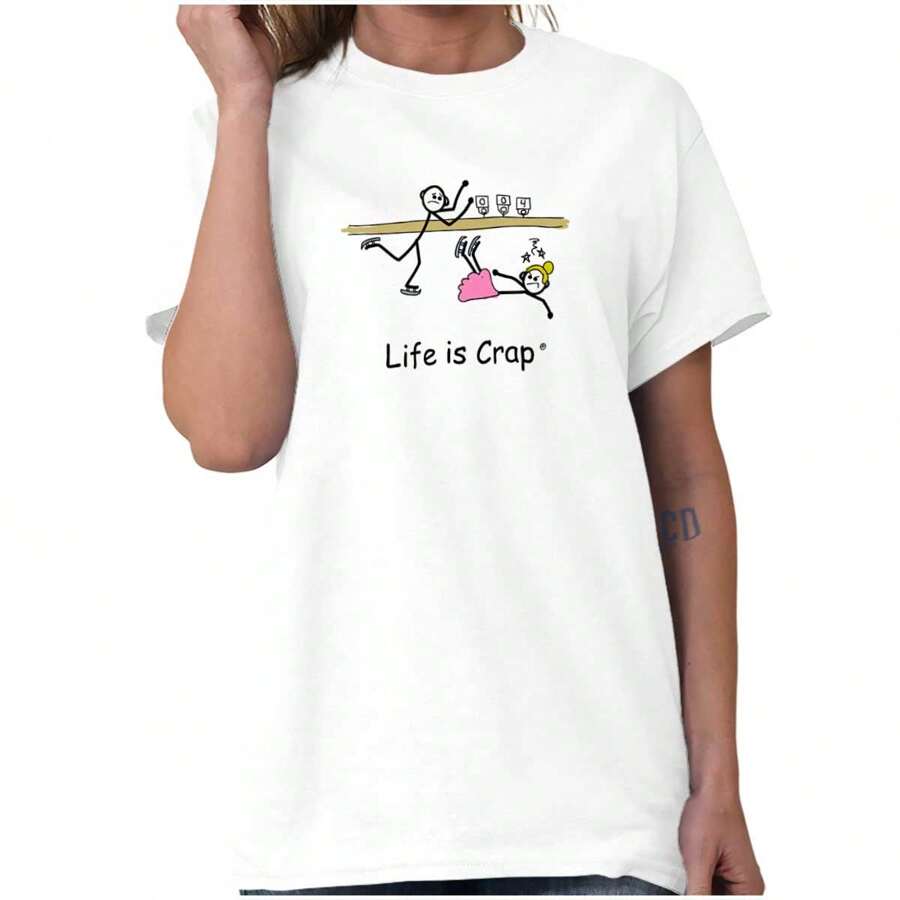 Life Is Crap Womens Graphic Tee Shirt Funny Ice Skating Fail Sarcastic Unlucky Sports Humor Hilarious Relatable Joke Ladies Casual Fashion Cotton Printed Short Sleeve Crewneck Tshirt - 白色 - 查看 1