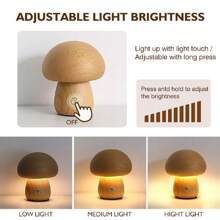 Lámpara de mesa USB con interruptor táctil de luz nocturna de setas de madera, de nogal y madera de haya cálida y atenuable, ideal para habitación o mesilla de noche