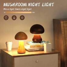 Lámpara de mesa USB con interruptor táctil de luz nocturna de setas de madera, de nogal y madera de haya cálida y atenuable, ideal para habitación o mesilla de noche