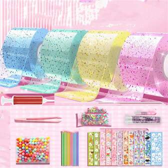 1入組奈米膠帶，手工揉捏音樂，自製透明減壓中空球，高粘度無痕雙面膠帶，泡泡吹奈米膠萃取劑，一整套彩色雙面膠帶泡泡吹奈米膠材料包，隨機顏色