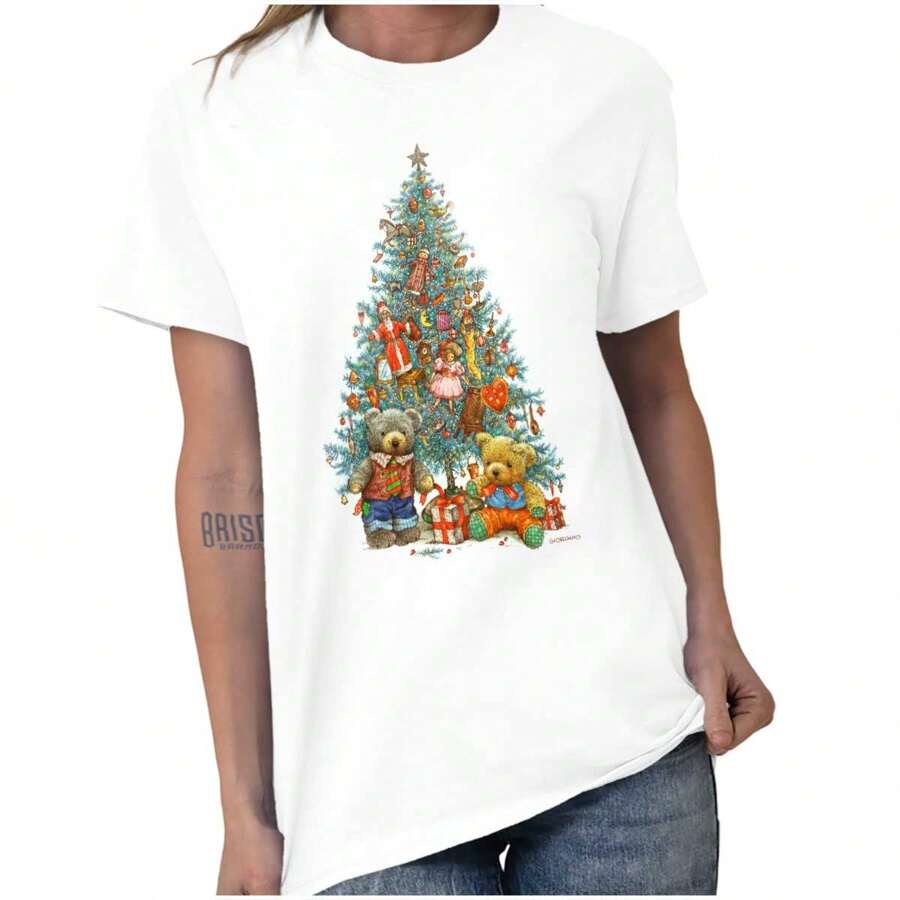 Cute Christmas Womens Graphic Tee Shirt Tree Ornaments Festive Vintage Xmas Winter Holiday Teddy Bears Ladies Casual Fashion Cotton Printed Short Sleeve Crewneck Tshirt