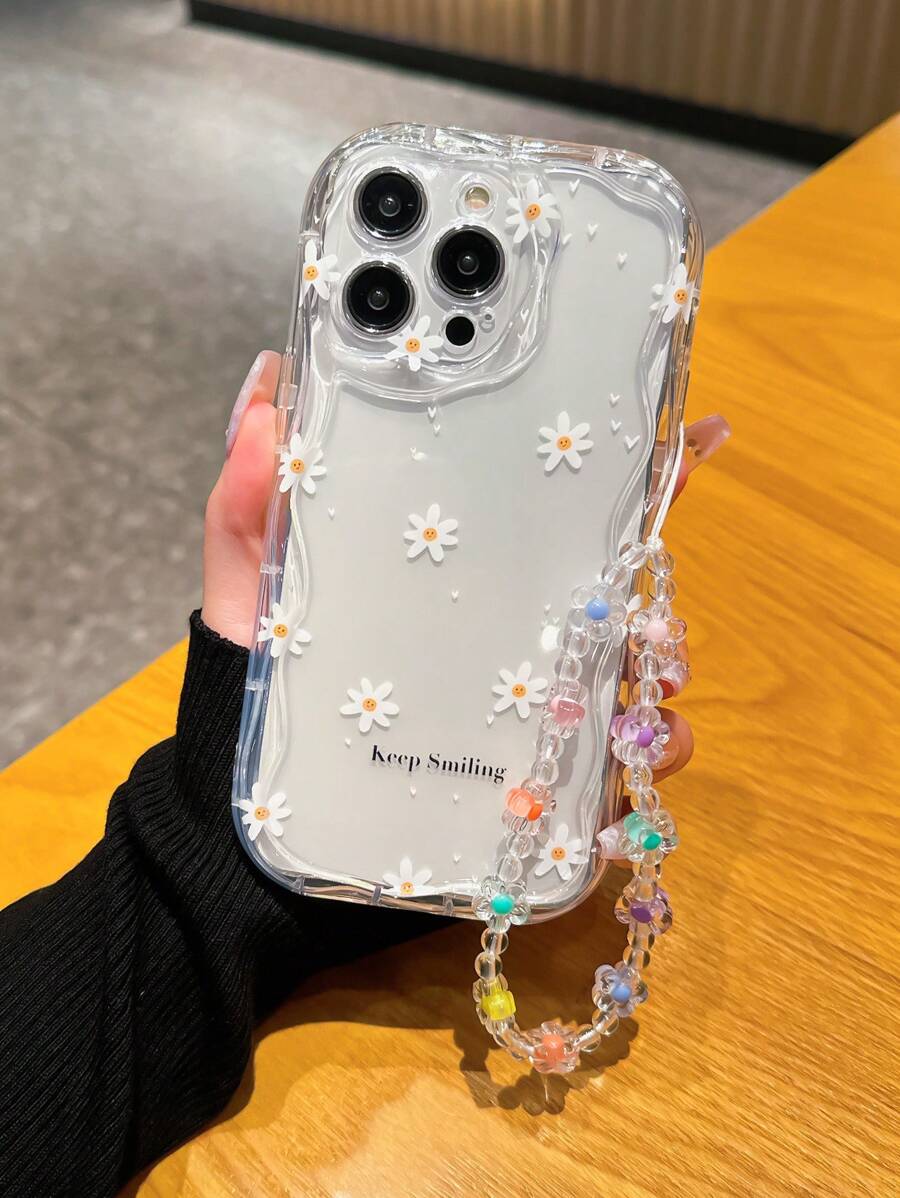 Flower Phone Case 1pc Transparent Floral Wrist Strap/Lanyard Compatible With IPhone Lens/Camera Protection, Shockproof Phone Case Cover Waterproof Anti-Fall Scratch Resistant - Clear - View 1