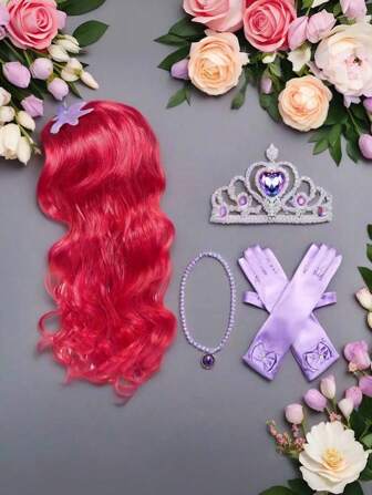 4pcs  Princess Princess Red Long Curly Wig Hair With Mermaid Themed Jewellery Accessories Accessories(Wig, Crown, Gloves, Scepter), Perfect For Birthday Parties, Performance Princess Costume Accessories,Ideal For Girl's Gifts