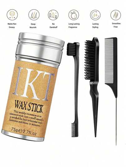 ikt Hair Wax Stick Set, 4pcs/Set Detangling Wax Stick, Loose Hair Wax Stick, Hair Spray Stick, Non-Greasy Styling Hair Cream For Loose Hair And Edge Control Frizzy Hair, Set Includes: 1pc Hair Wax Stick, 1pc Hairbrush For Combing Hairline, 1pc Edge Brush For Keeping Hairline Edge Smooth, 1pc Tail Comb For Separation Styling, Hairbrush For Combing Hairline, 1pc Edge Brush For Keeping Hairline Edge Smooth, 1pc Tail Comb For Separation Styling