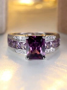 1pc Elegant & Cute Purple Zirconia Engagement Ring, Silver Women's Wedding Jewelry - Ring 2 - View 1