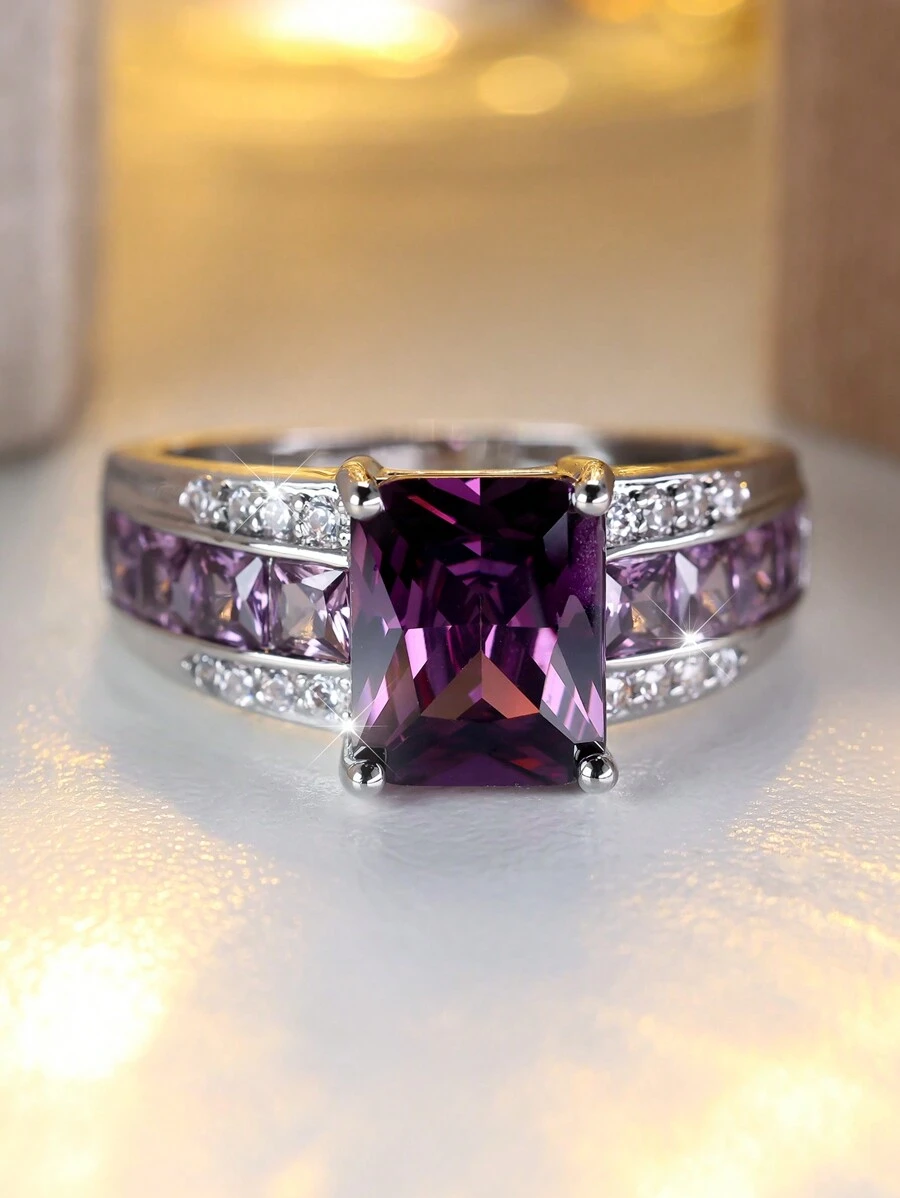1pc Elegant & Cute Purple Zirconia Engagement Ring, Silver Women's Wedding Jewelry - Ring 2 - View 1
