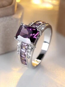 1pc Elegant & Cute Purple Zirconia Engagement Ring, Silver Women's Wedding Jewelry - Ring 2 - View 2