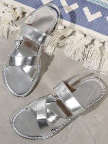 Women's Summer Flat Heel Sandals, Open Toe Elastic Band Slip-On Casual Outdoor Vacation Beach Shoes - Silver - View 6