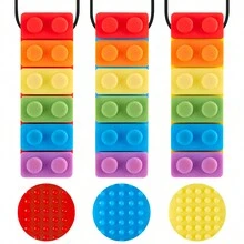 Collar De Masticación Sensorial Mordedera Para Niños 3 Piezas,juguetes para masticar para niños,Bloques de construcción de arcoíris, palitos para masticar,Palitos para la dentición del niños,hecha de silicona de grado alimenticio para motor oral niños y niñas - Multicolor - Ver 1