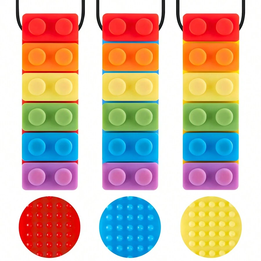 Collar De Masticación Sensorial Mordedera Para Niños 3 Piezas,juguetes para masticar para niños,Bloques de construcción de arcoíris, palitos para masticar,Palitos para la dentición del niños,hecha de silicona de grado alimenticio para motor oral niños y niñas - Multicolor - Ver 1