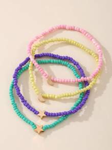 4pcs/Set Girls' Star & Moon Beaded Ankle Bracelets Set