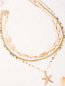 4pcs Fashionable Beach Vacation Inspired Sweet Metal Shell And Glass Beaded Starfish Pendant Layered Women's Necklace, Suitable For Holiday Parties, Street Casual, And Everyday Look